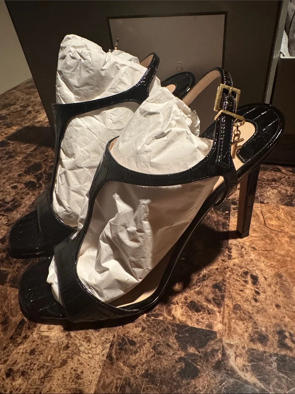 Tom Ford Black Patent T-Strap Heeled Sandals